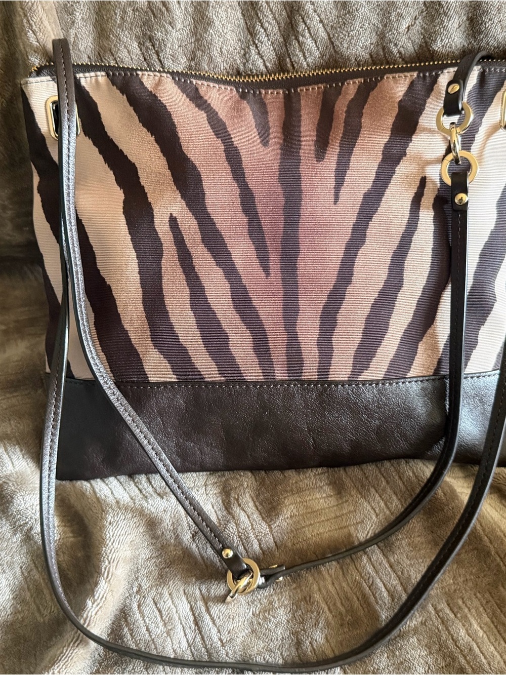 Coach Brown and Tan Zebra-Print Shoulder Bag